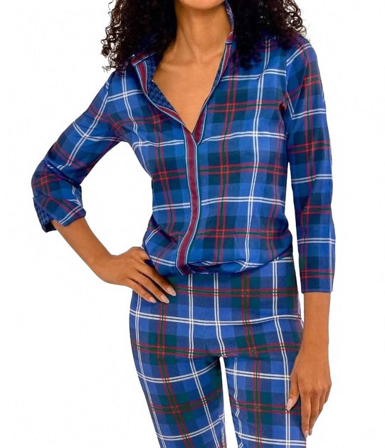 Gretchen Scott Middleton Plaid Puff Sleeve Top Blue 2X 2