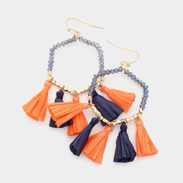 FASHNZFAB Game Day Beaded Open Hexagon Raffia Tassel Link Dangle Earrings Red 2