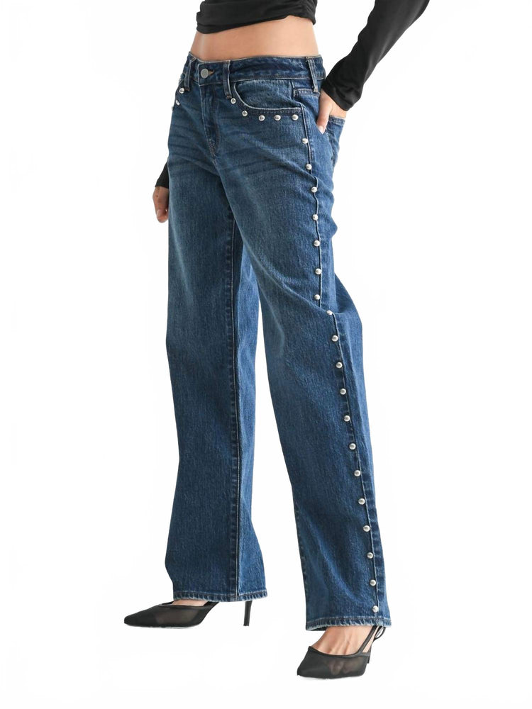 JBD. Low Rise Studded Baggy Jean In Dark Denim | ShopSimon