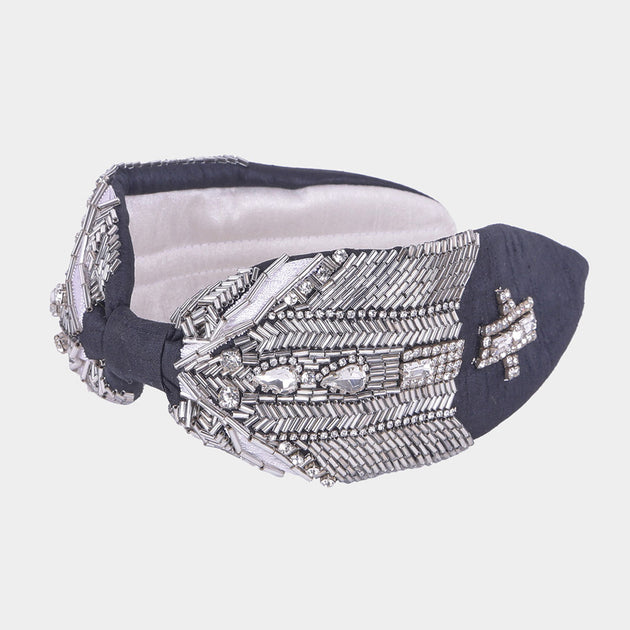 FASHNZFAB Multi Stone Cylinder Beaded Headband White 2