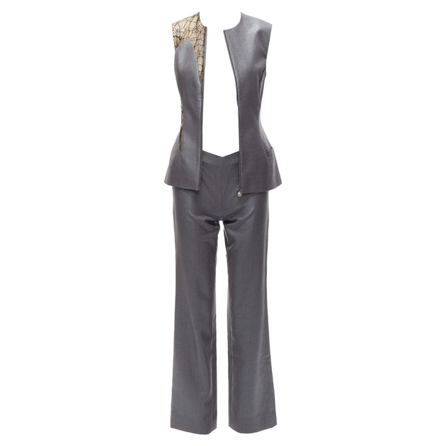 Gianni Versace Vintage Runway Grey Lace Mesh Pantsuit IT38 4