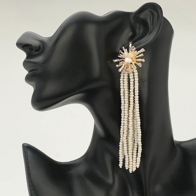 FASHNZFAB Starburst Wooden Beaded Tassel Drop Earrings Black 5