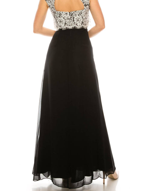 chinese dress ladies AIDAN MATTOX Embellished Lace Top Evening Dress In Ivory Black
