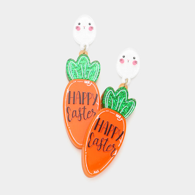 FASHNZFAB Easter Message Glittered Resin Egg Carrot Link Dangle Earrings Orange 2