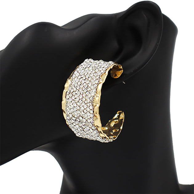 FASHNZFAB Wide Rhinestone Hoop Earrings Silver 3