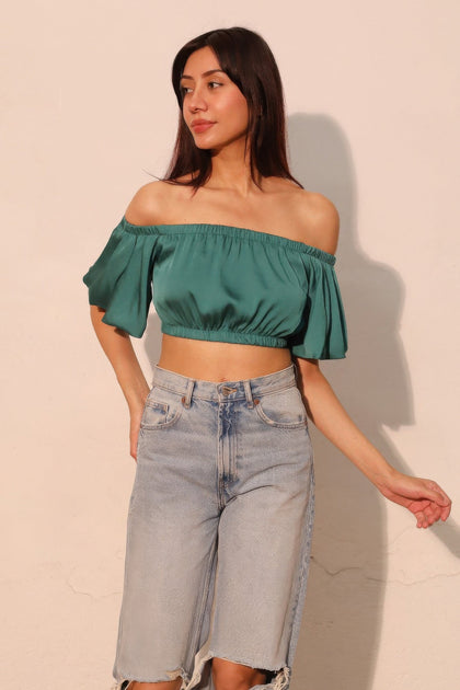 TRUEDAMES Washed Poly Silk Bubble Sleeve Crop Top Green Medium 2