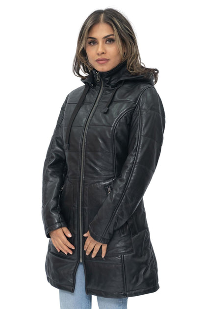 Infinity Allentown Women's Leather Quilted Parka Black Medium 4