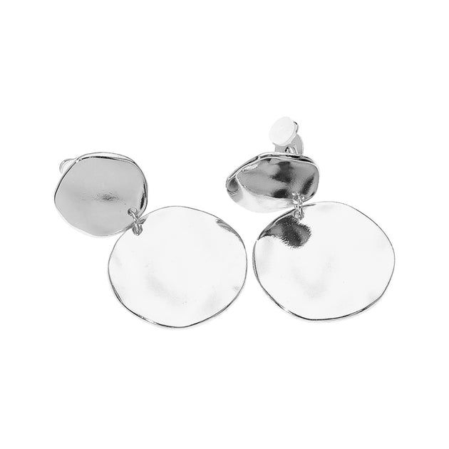 FASHNZFAB Hammered Metal Disc Dangle Clip On Earrings Silver 3