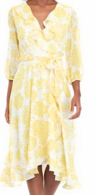 Maison Tara Floral Wrap Midi Dress Yellow US 4 3