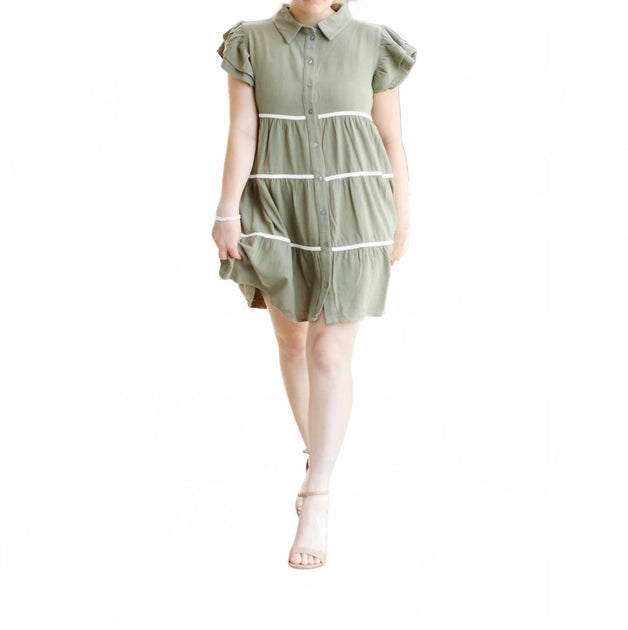SHE + SKY Ruffle Sleeve Woven Tiered Button Down Dress Green Small 4