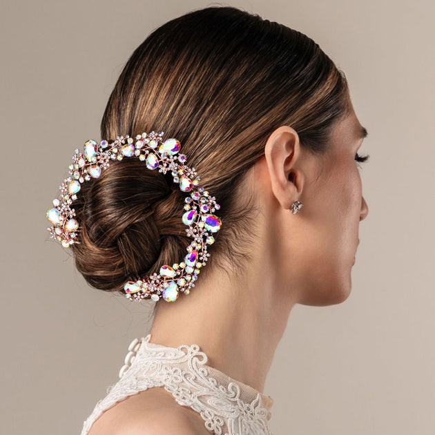 FASHNZFAB Floral Pave Glass Crystal Bun Wrap Headpiece Gold 5