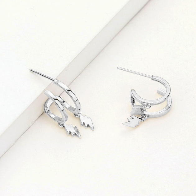 FASHNZFAB Huggie Hoop Metal Lightning Bolt Dangle Earrings Silver 3