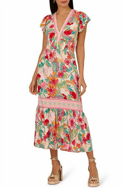 Adrianna Papell Floral V-Neck Flutter Cap Dress Multi US 2 2