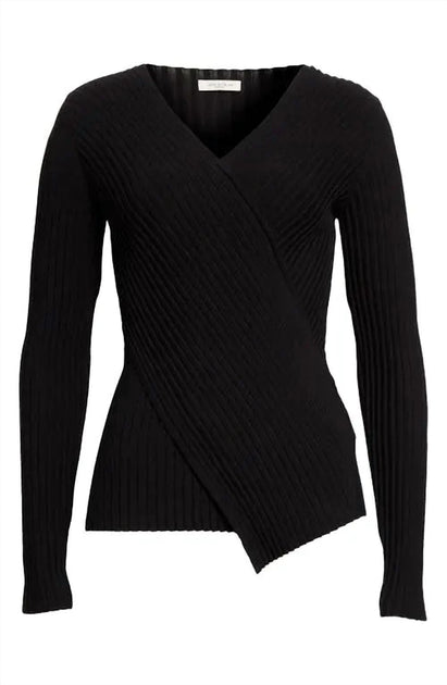 Lafayette 148 Wrapped-Front Ribbed Sweater Black Small 3