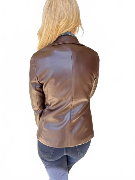 J. Society Leather Blazer With Detachable Denim Brown Large 3
