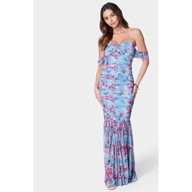 Bebe Off Shoulder Ruched Mesh Gown Blue XLarge 2