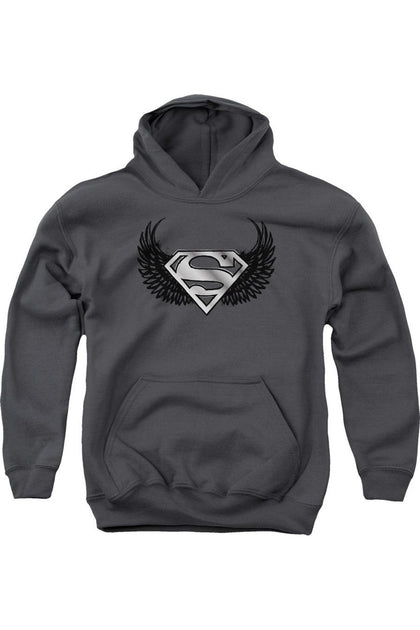 Gildan Superman Dirty Wings Youth Hooded Sweatshirt Grey Large 2