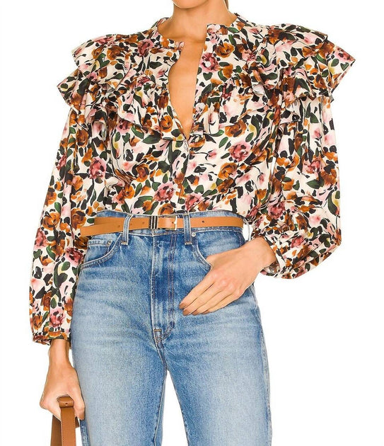 SOMETHING NAVY Floral Ruffle Blouse Beige Large 2
