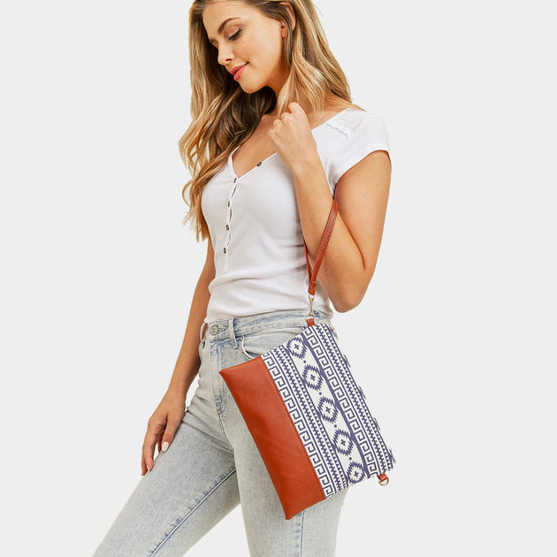 FASHNZFAB Aztec Patterned Wristlet Clutch Crossbody Bag White One Size 3