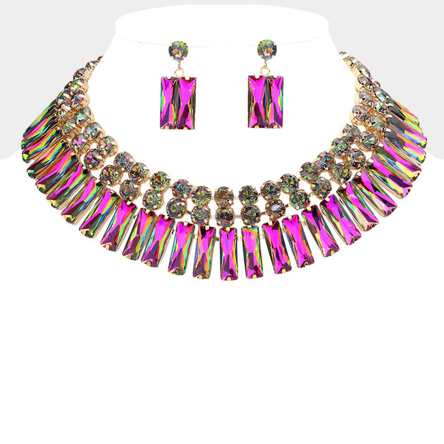 FASHNZFAB Stone Cluster Evening Necklace Silver 4