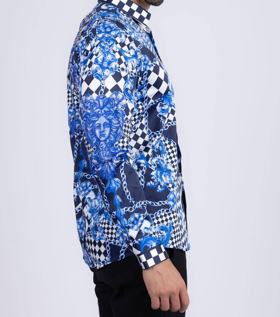 BARABAS Barock Karo Strass Langarmhemd Blau 4XLarge 4