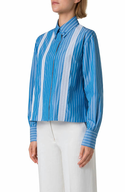 Akris Punto Pyjama Stripe Boxy Collared Shirt Blue US 12 3