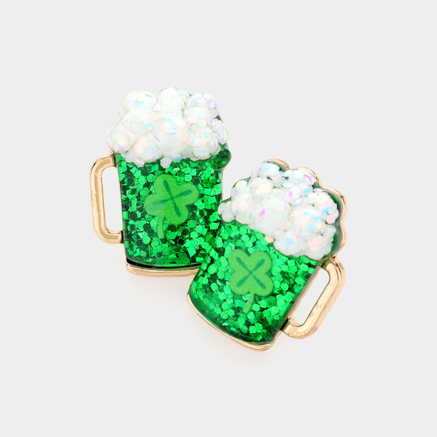 FASHNZFAB St Patricks Day Beer Clover Stud Earrings Green 3