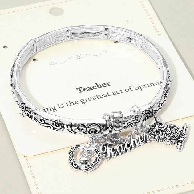 FASHNZFAB Teacher Message Owl Apple Charm Stretch Bracelet Silver Female 5