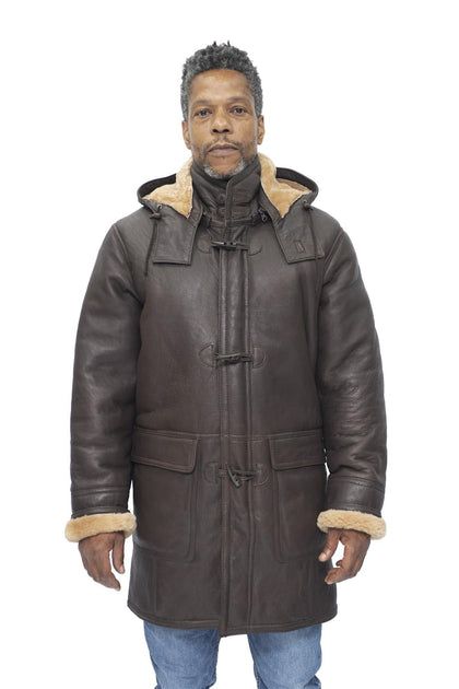 Infinity Mens Sheepskin Leather Hooded Duffle Coat Brown 4XL 2