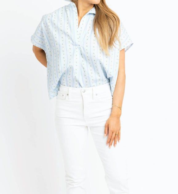 Karlie Floral Stripe V-Neck Collar Top Blue Large 2