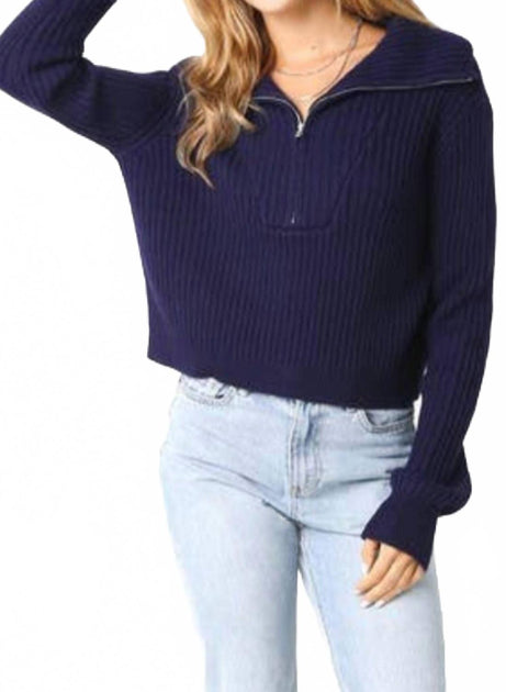OLIVACEOUS Half Way Zipper Knit Sweater Blue Medium 3
