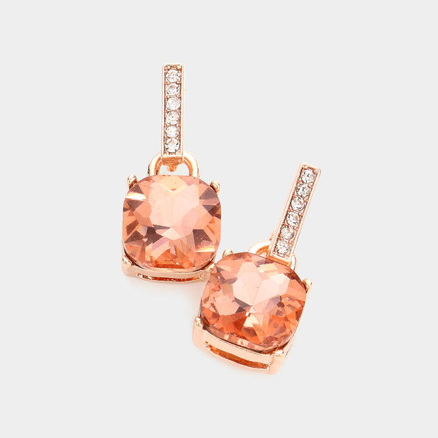 FASHNZFAB Square Stone Dangle Earrings Pink 4