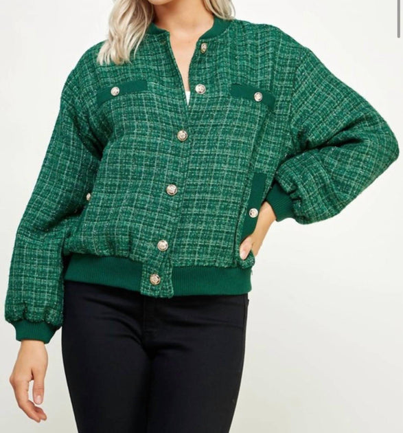 Strut & Bolt Metallic Tweed Bomber Jacket Green Medium 3