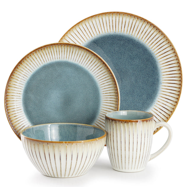 Elama Louann 16 Piece Stoneware Dinnerware Set Beige/Blue 3