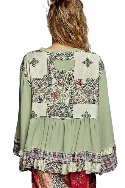 POL Relaxed Fit Print Plaid Top Green Medium 4