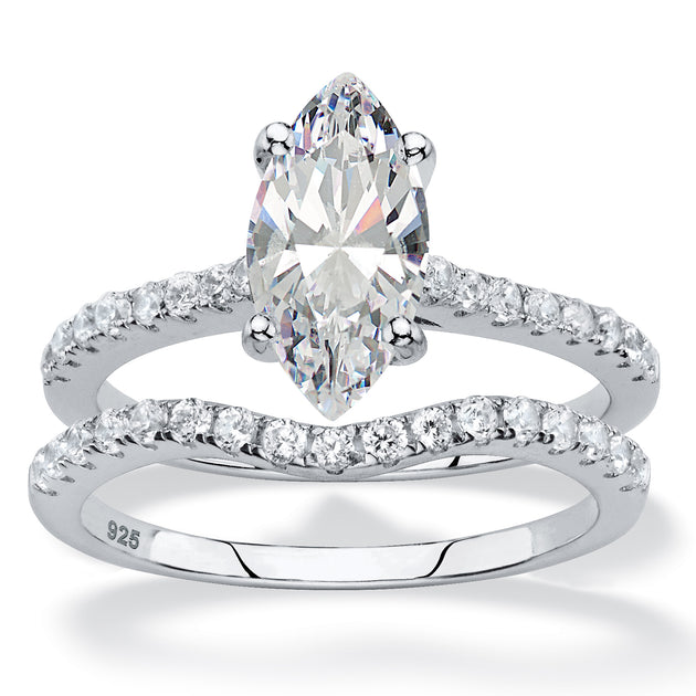 Palm 2.34 TCW Marquise Cubic Zirconia Platinum-plated Silver Bridal Ring Set White US 7 2