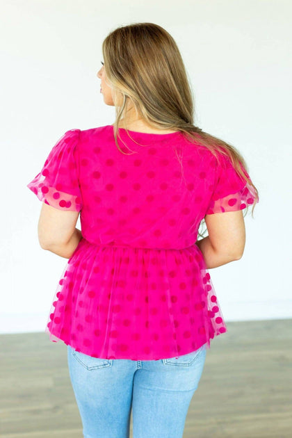 Southern Grace Polka Dot Peplum Top Pink XS 3