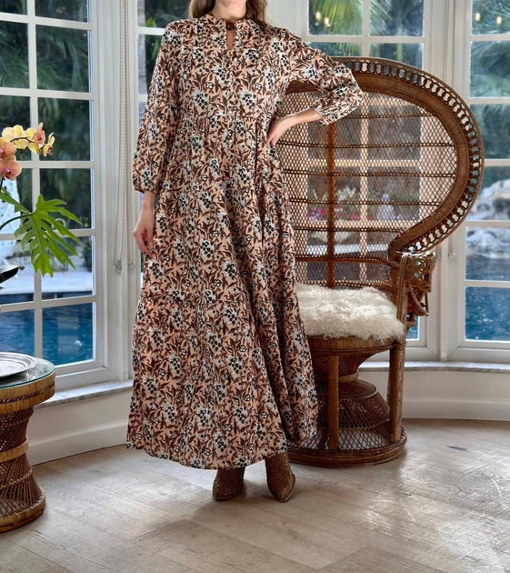Just Darviny Boho Long Sleeve Maxi Dress Brown Small 2