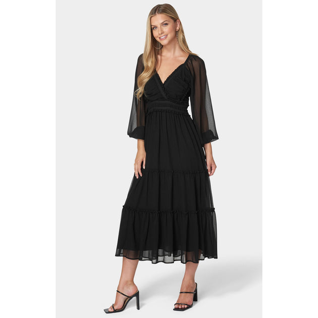 Bebe Lace Up Back Chiffon Midi Dress Black Medium 2