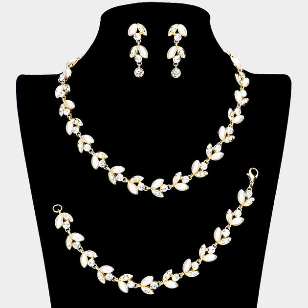 FASHNZFAB 3PCS Crystal Pearl Leaf Cluster Necklace Set Black 4