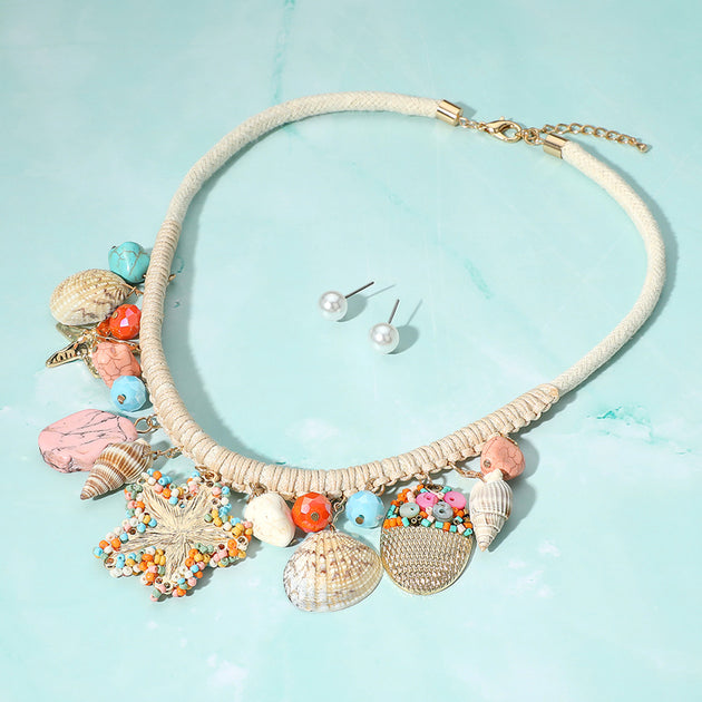FASHNZFAB Starfish Seashell Charm Necklace Blue 3