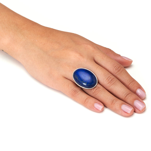Palm Oval Blue Lapis Platinum-Plated Ring White US 8 4