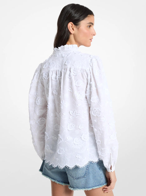Michael Kors Floral Embroidered Cotton Voile Blouse White Small 3