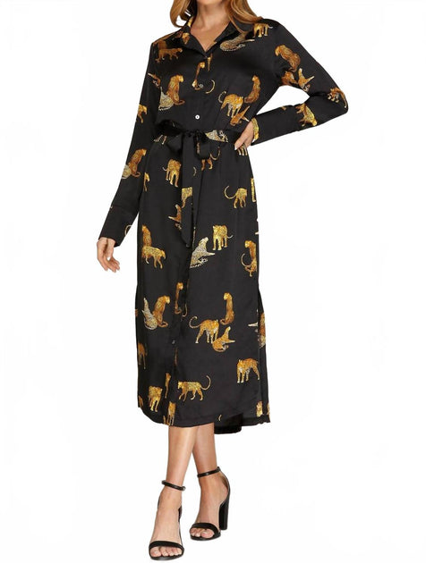 umgee Long Sleeve Cheetah Print Midi Dress Black Medium 2