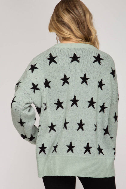 SHE + SKY Sternenprint Schiefer Tunika Pullover Grün Groß 3