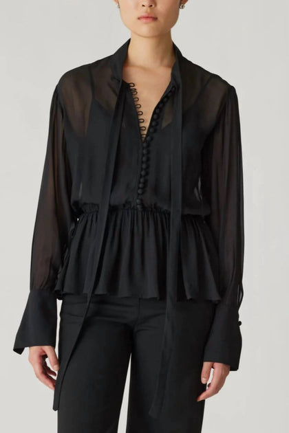 Rebecca Taylor Covered Button Tie Blouse Black Small 2