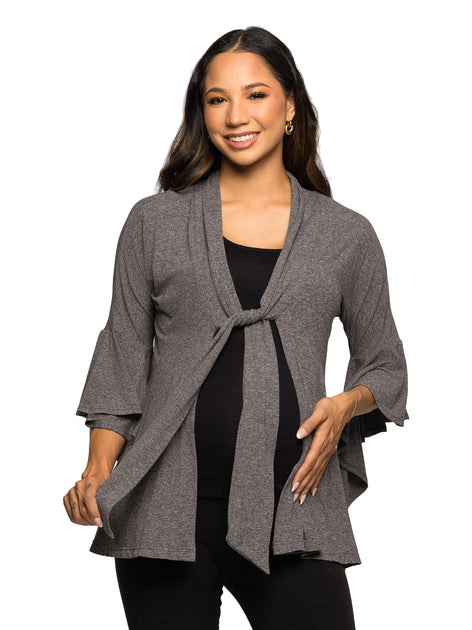 24seven Comfort Apparel Maternity Tie Front Bell Sleeve Cardigan Black Medium 2