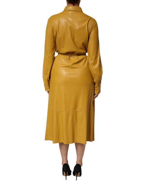 PINKO Belted Shirt Midi Dress Yellow Medium 4