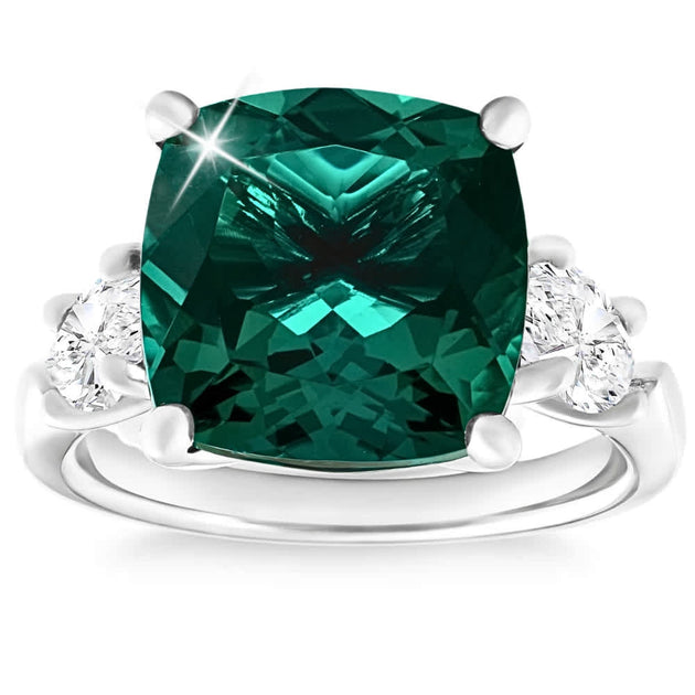 Pompeii3 7.55Ct Green Cushion Emerald Three Stone Ring 14k Gold US 8 2