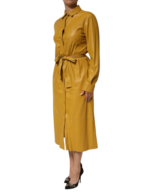 PINKO Belted Shirt Midi Dress Yellow Medium 3